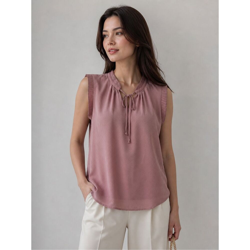 DR2 Blush Pink Sleeveless Blouse Pleated Trim Tie Neck Size L